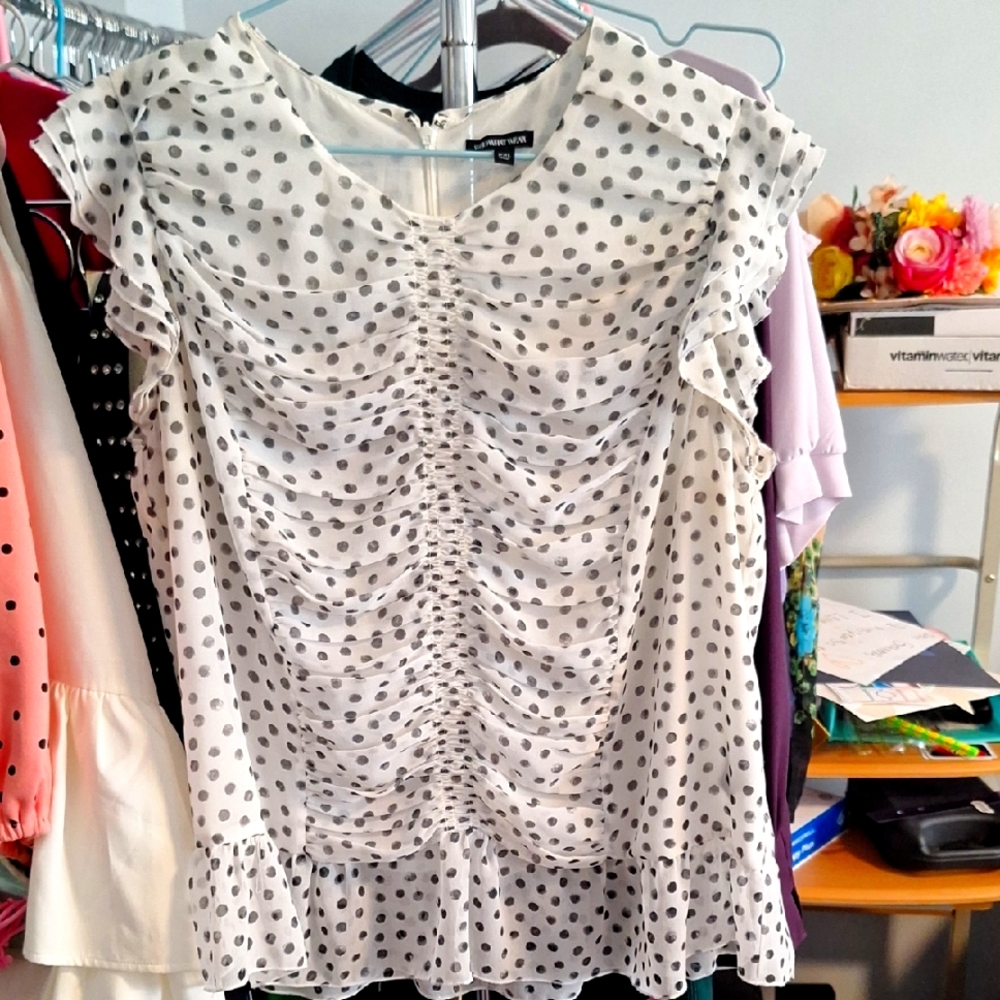 Who What Wear White and Black Polka Dot Ruffle Blouse Perfection Career Top